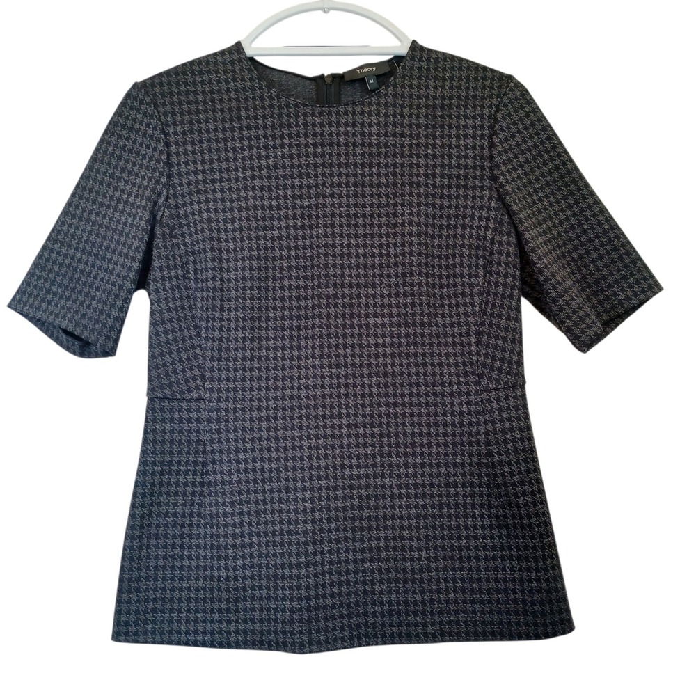 Theory Houndstooth Knit Top Fitted Short Sleeve Zipper Black Grey Women's M
